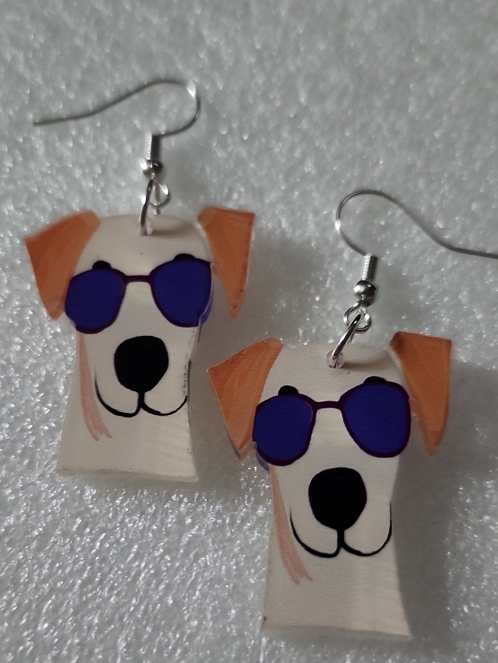 Hand Crafted Dog Face Earrings in Cream, Orange & Purple